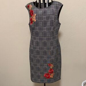 Chic Checkered Mini Dress with Red Floral Details